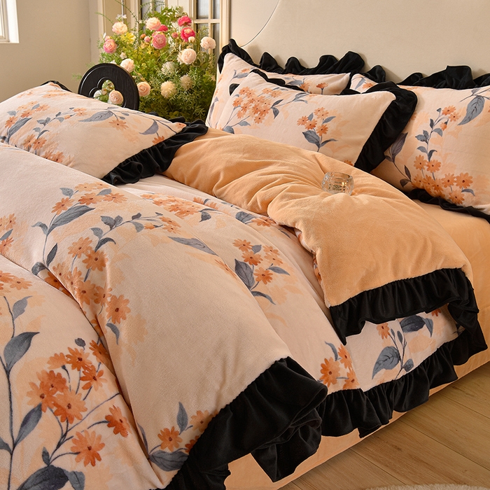 牵依 2025新款赫本风水花边牛奶绒四件套 法式-花语浪漫