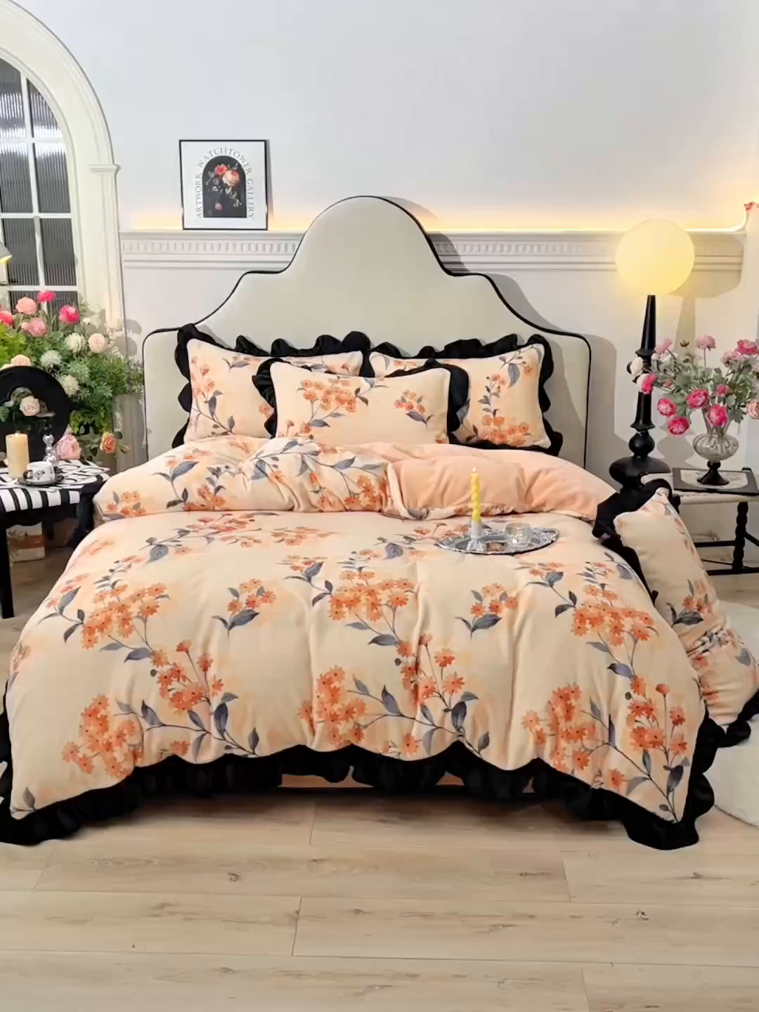 91家纺网 家纺一手货源 找家纺 牵依 2025新款赫本风水花边牛奶绒四件套 法式-花语浪漫