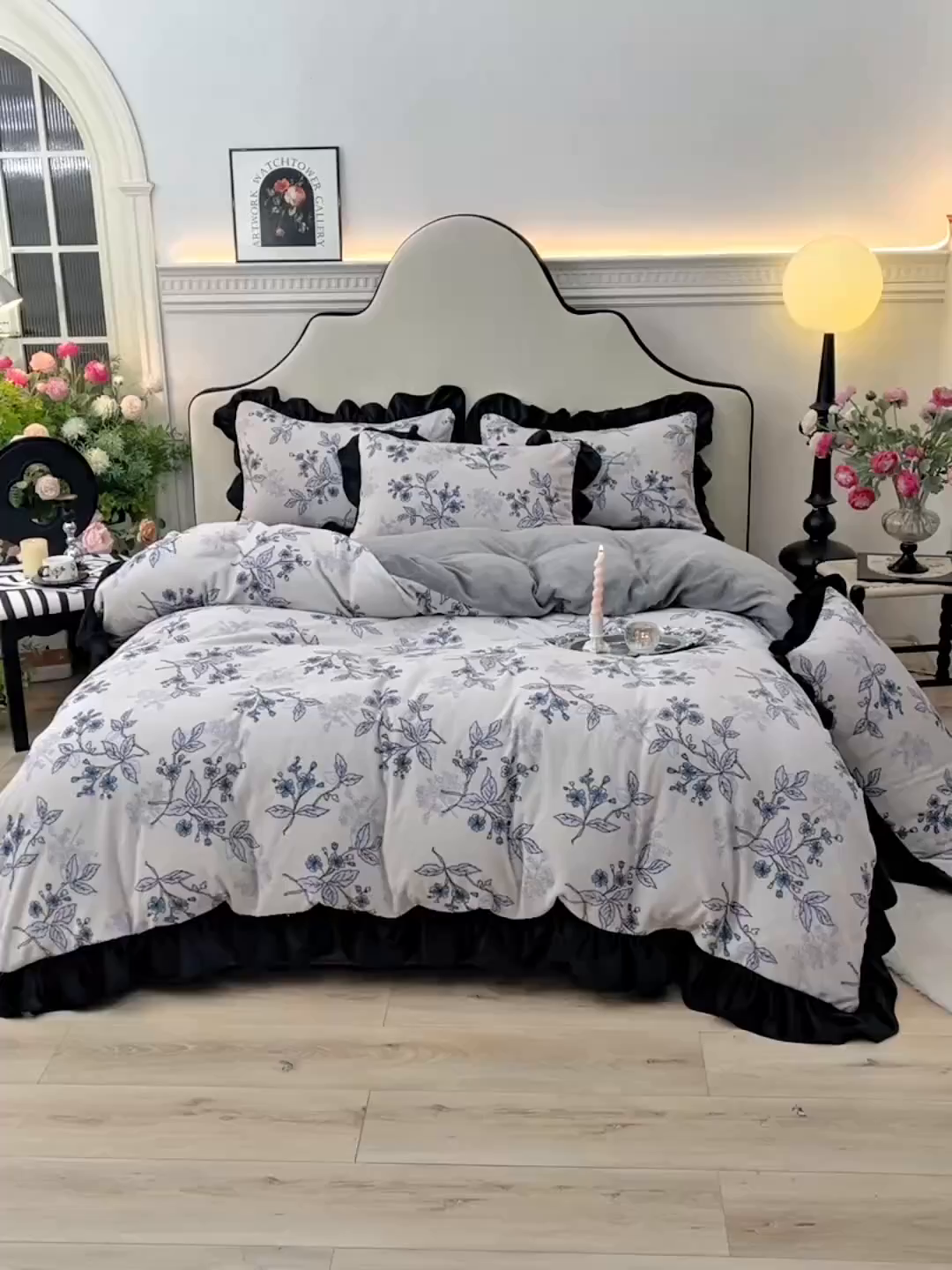 91家纺网 家纺一手货源 找家纺 牵依 2025新款赫本风水花边牛奶绒四件套 法式-兰亭花序