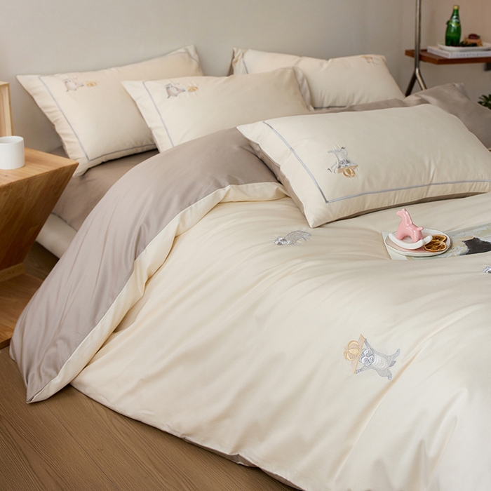 91家纺网 家纺一手货源 找家纺 （总）简纯主义 2025新款100s贡缎长绒棉纯棉刺绣四件套-趣味