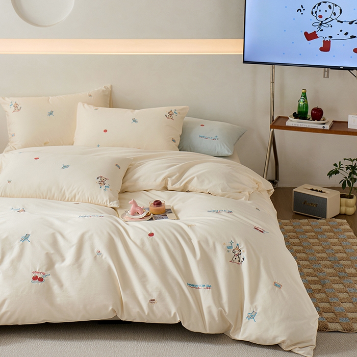 简纯主义 2025新款100s贡缎长绒棉纯棉刺绣四件套-趣味 露露米娅-白