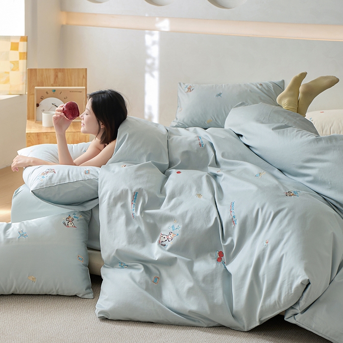 91家纺网 家纺一手货源 找家纺 简纯主义 2025新款100s贡缎长绒棉纯棉刺绣四件套-趣味 露露米娅-蓝