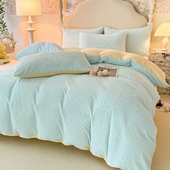 91家纺网 家纺一手货源 找家纺 眠博士 2025新款立体雕花牛奶绒加厚保暖四件套-安吉拉-芙蔓-赛琳 浮雕绒-安吉拉蓝黄