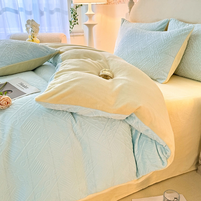 眠博士 2025新款立体雕花牛奶绒加厚保暖四件套-安吉拉-芙蔓-赛琳 浮雕绒-安吉拉蓝黄