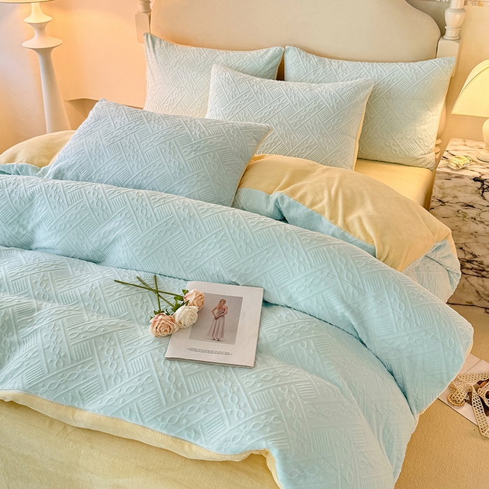 91家纺网 家纺一手货源 找家纺 眠博士 2025新款立体雕花牛奶绒加厚保暖四件套-安吉拉-芙蔓-赛琳 浮雕绒-安吉拉蓝黄