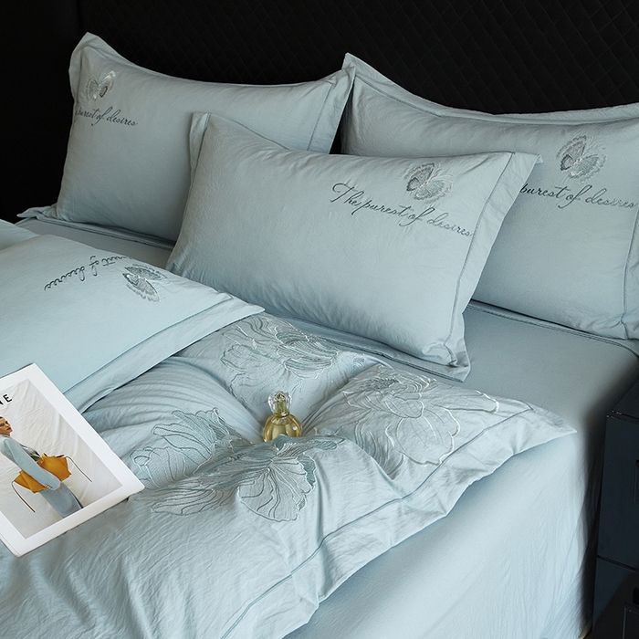 91家纺网 家纺一手货源 找家纺 金纱玉纺家纺 2025新款水洗棉工艺刺绣四件套 沁颜花开-豆绿