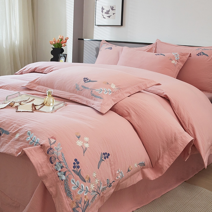 金纱玉纺家纺 2025新款水洗棉工艺刺绣四件套 恬静时光-粉豆沙