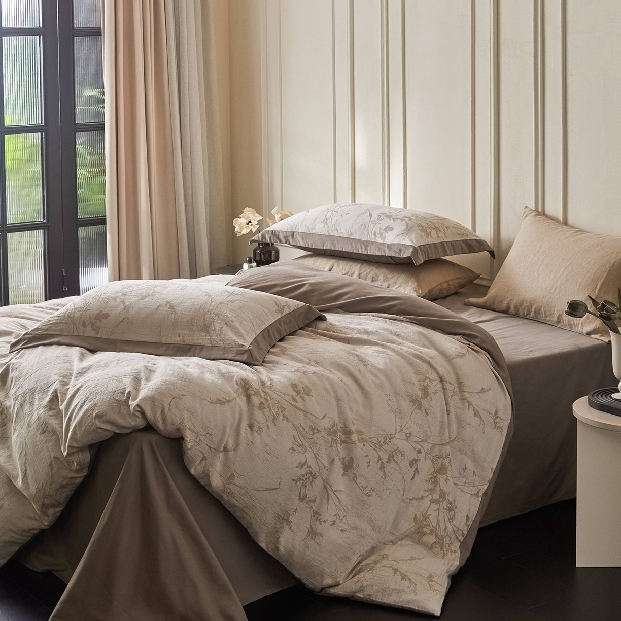 91家纺网 家纺一手货源 找家纺 梦享生活家居 2025新款全棉纯棉色织提花磨毛四件套 全棉磨毛锦绣-米棕