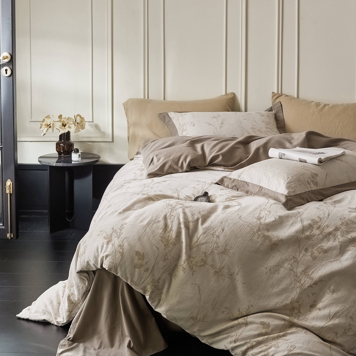 91家纺网 家纺一手货源 找家纺 梦享生活家居 2025新款全棉纯棉色织提花磨毛四件套 全棉磨毛锦绣-米棕