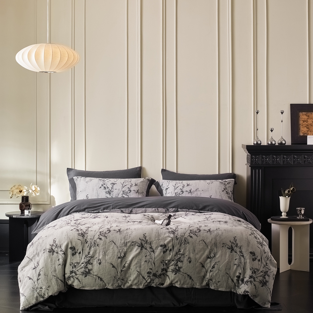 91家纺网 家纺一手货源 找家纺 梦享生活家居 2025新款全棉纯棉色织提花磨毛四件套 全棉磨毛锦绣-墨黑