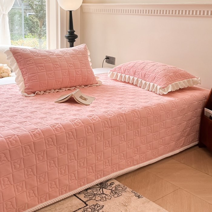 91家纺网 家纺一手货源 找家纺 眠博士 2025新款纯色牛奶绒加厚保暖绗缝大象床褥床垫 床护垫-粉色