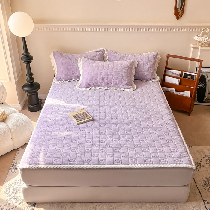 91家纺网 家纺一手货源 找家纺 眠博士 2025新款纯色牛奶绒加厚保暖绗缝大象床褥床垫 床护垫-丁香紫