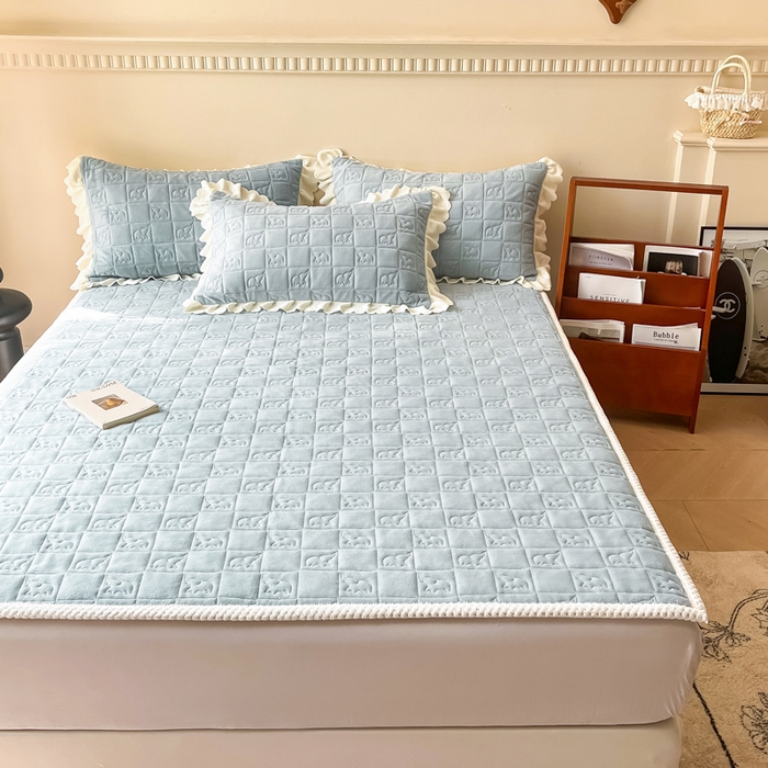 91家纺网 家纺一手货源 找家纺 眠博士 2025新款纯色牛奶绒加厚保暖绗缝大象床褥床垫 床护垫-雾霾蓝