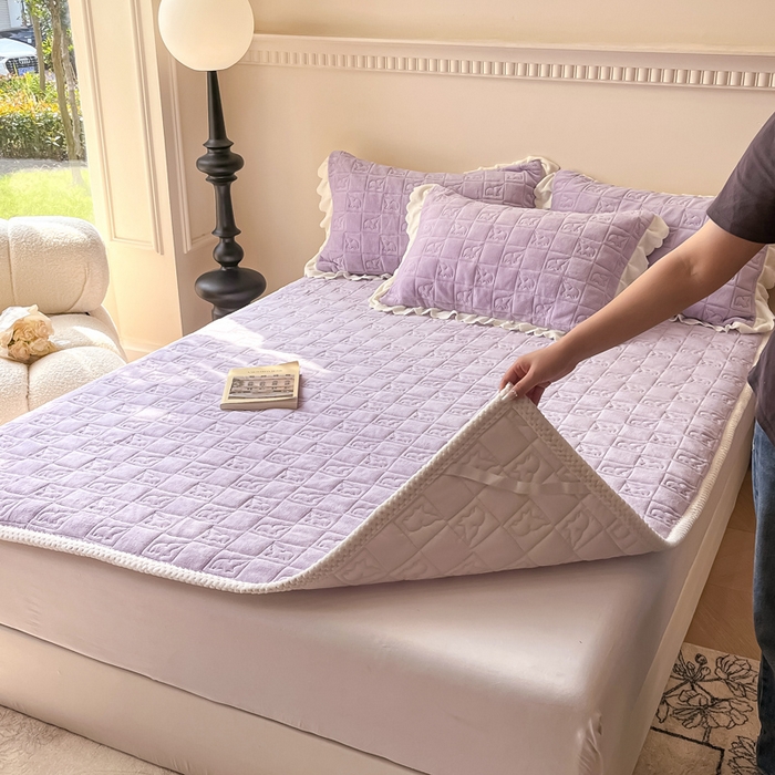 91家纺网 家纺一手货源 找家纺 眠博士 2025新款纯色牛奶绒加厚保暖绗缝大象床褥床垫 床护垫-丁香紫