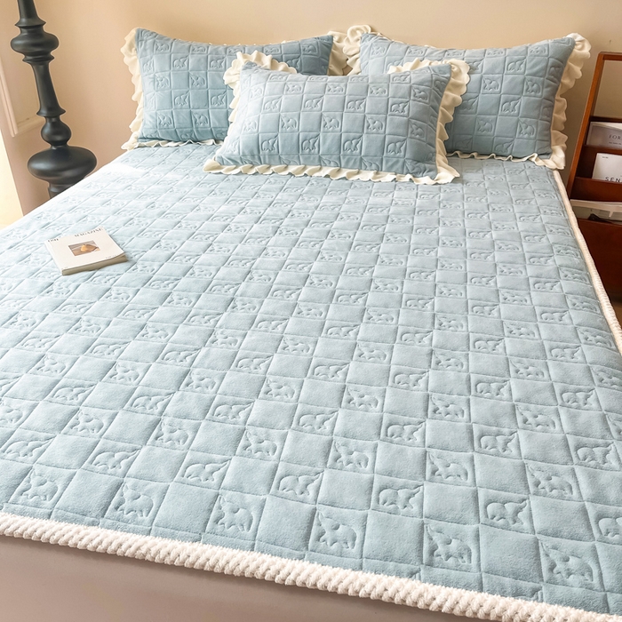 91家纺网 家纺一手货源 找家纺 眠博士 2025新款纯色牛奶绒加厚保暖绗缝大象床褥床垫 床护垫-雾霾蓝