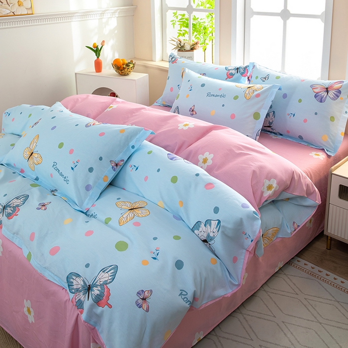 91家纺网 家纺一手货源 找家纺 新款12868全棉学生宿舍三件套卡通纯棉四件套 蝶舞-蓝