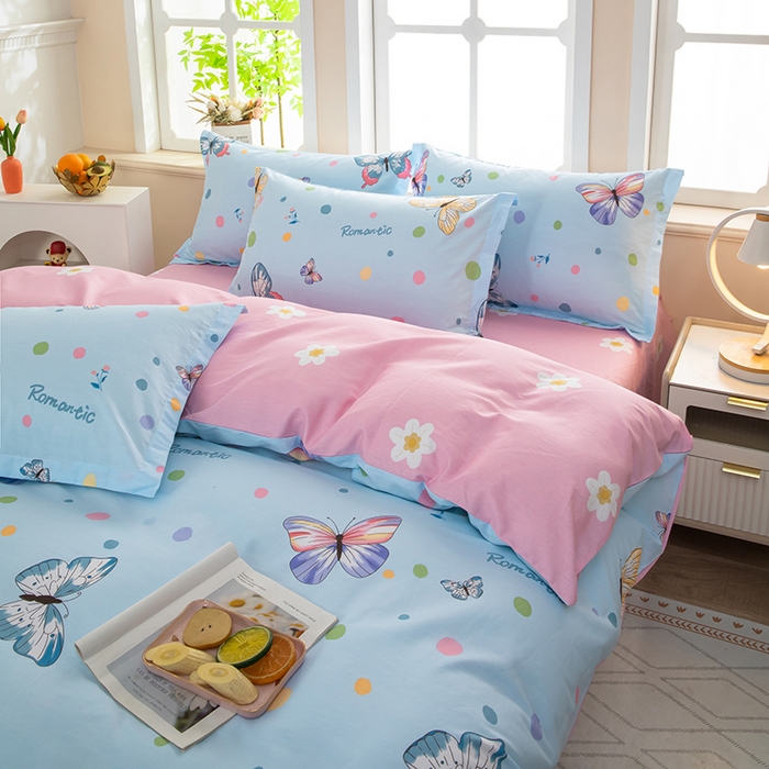 91家纺网 家纺一手货源 找家纺 新款12868全棉学生宿舍三件套卡通纯棉四件套 蝶舞-蓝