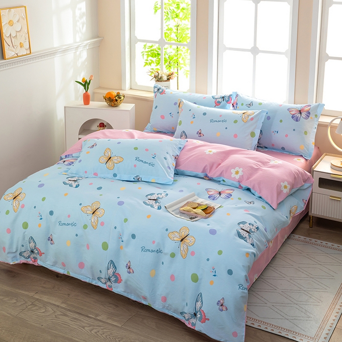 91家纺网 家纺一手货源 找家纺 新款12868全棉学生宿舍三件套卡通纯棉四件套 蝶舞-蓝