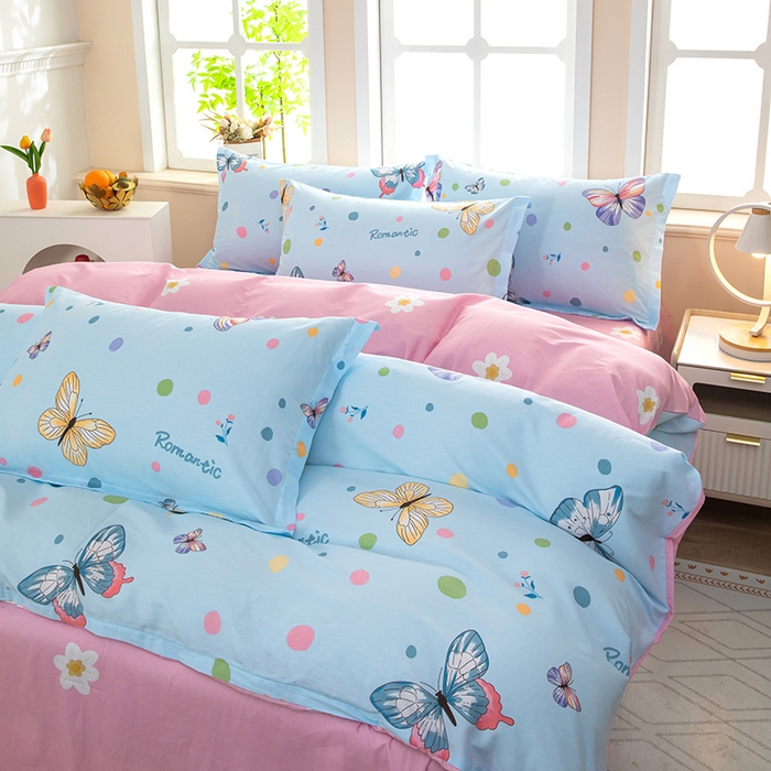 91家纺网 家纺一手货源 找家纺 新款12868全棉学生宿舍三件套卡通纯棉四件套 蝶舞-蓝