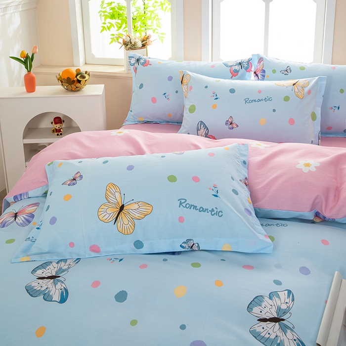 91家纺网 家纺一手货源 找家纺 新款12868全棉学生宿舍三件套卡通纯棉四件套 蝶舞-蓝