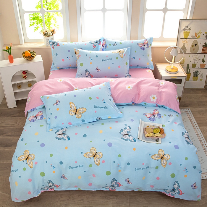 91家纺网 家纺一手货源 找家纺 新款12868全棉学生宿舍三件套卡通纯棉四件套 蝶舞-蓝