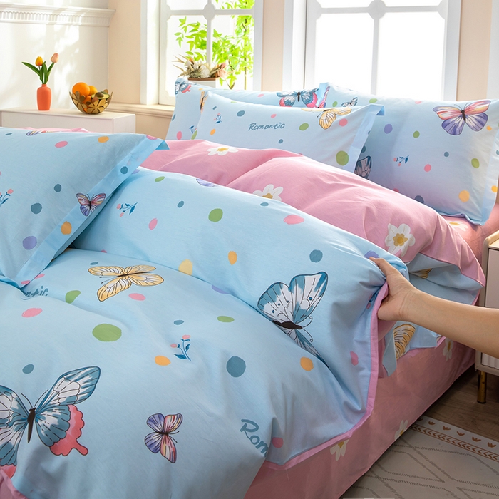 91家纺网 家纺一手货源 找家纺 新款12868全棉学生宿舍三件套卡通纯棉四件套 蝶舞-蓝