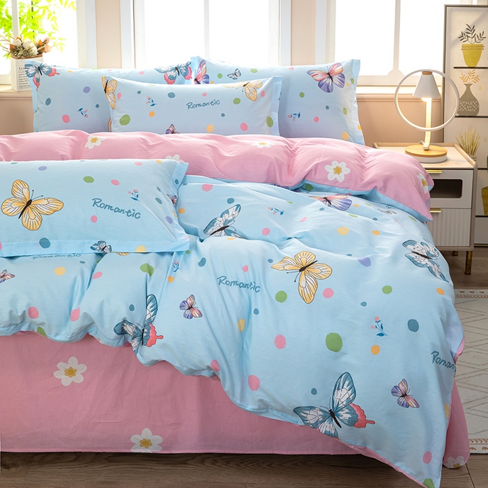 91家纺网 家纺一手货源 找家纺 新款12868全棉学生宿舍三件套卡通纯棉四件套 蝶舞-蓝