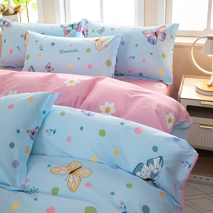 91家纺网 家纺一手货源 找家纺 新款12868全棉学生宿舍三件套卡通纯棉四件套 蝶舞-蓝