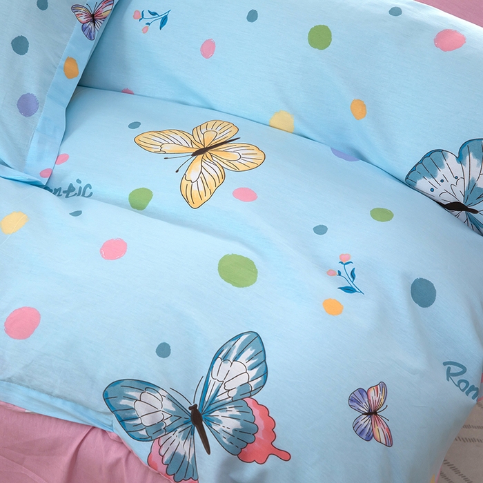 91家纺网 家纺一手货源 找家纺 新款12868全棉学生宿舍三件套卡通纯棉四件套 蝶舞-蓝