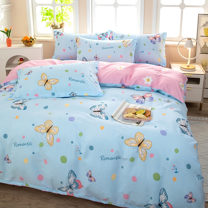 91家纺网 家纺一手货源 找家纺 新款12868全棉学生宿舍三件套卡通纯棉四件套 蝶舞-蓝
