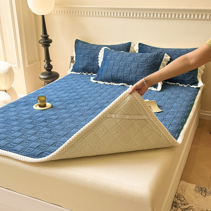 91家纺网 家纺一手货源 找家纺 眠博士 2025新款纯色牛奶绒加厚保暖绗缝大象床褥床垫 床护垫-靛青