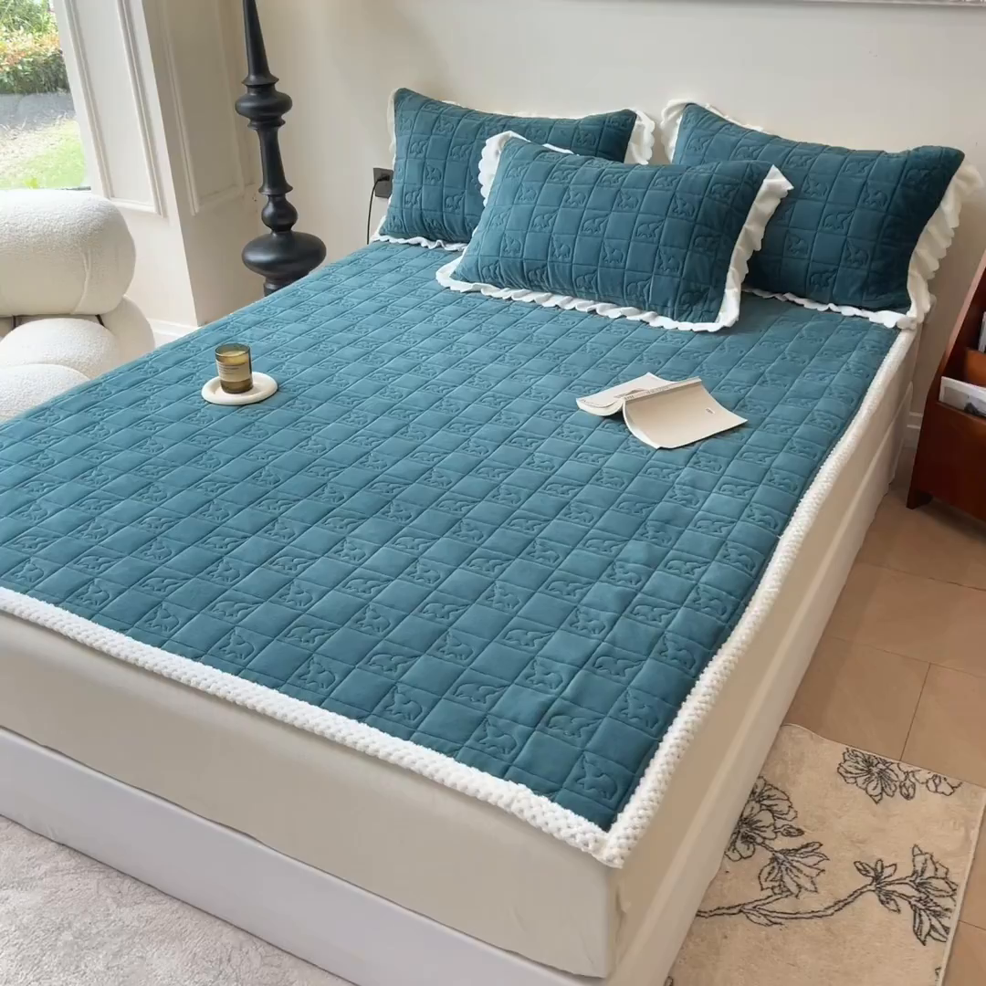 91家纺网 家纺一手货源 找家纺 眠博士 2025新款纯色牛奶绒加厚保暖绗缝大象床褥床垫 床护垫-祖母绿