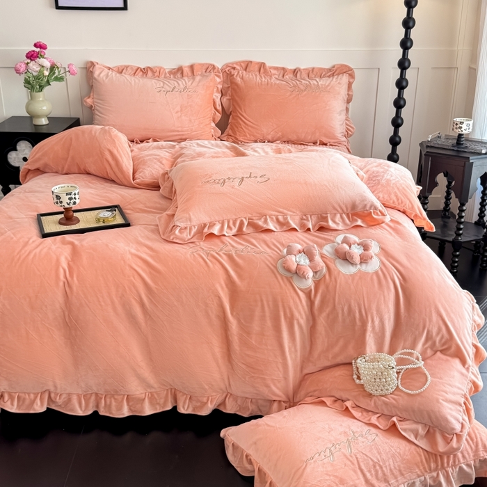 恋尚羽家纺 2025新款韩版花边婴儿绒大床盖四件套宝宝绒婴肤绒公主风韩式盘花四件套 桔色