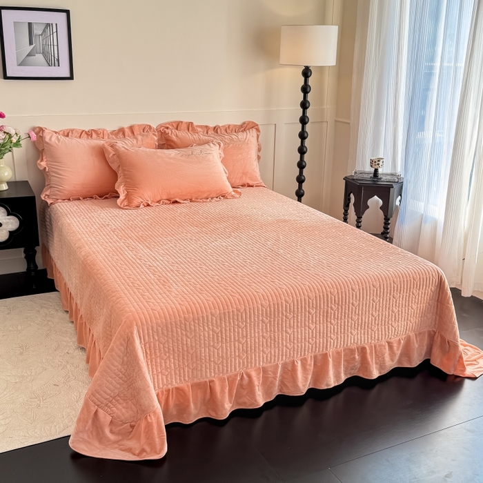 91家纺网 家纺一手货源 找家纺 恋尚羽家纺 2025新款韩版花边婴儿绒大床盖四件套宝宝绒婴肤绒公主风韩式盘花四件套 桔色