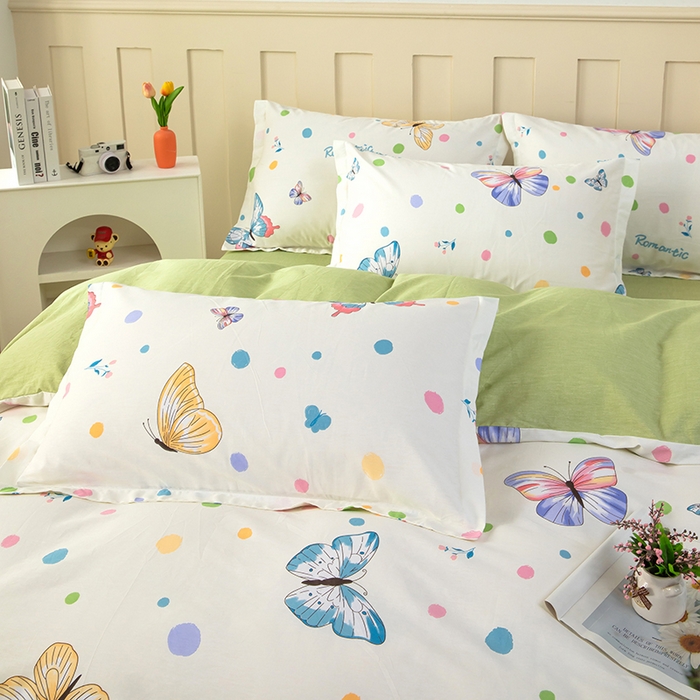 91家纺网 家纺一手货源 找家纺 新款12868全棉学生宿舍三件套卡通纯棉四件套 蝶舞-米黄