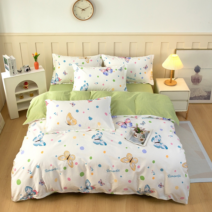 91家纺网 家纺一手货源 找家纺 新款12868全棉学生宿舍三件套卡通纯棉四件套 蝶舞-米黄