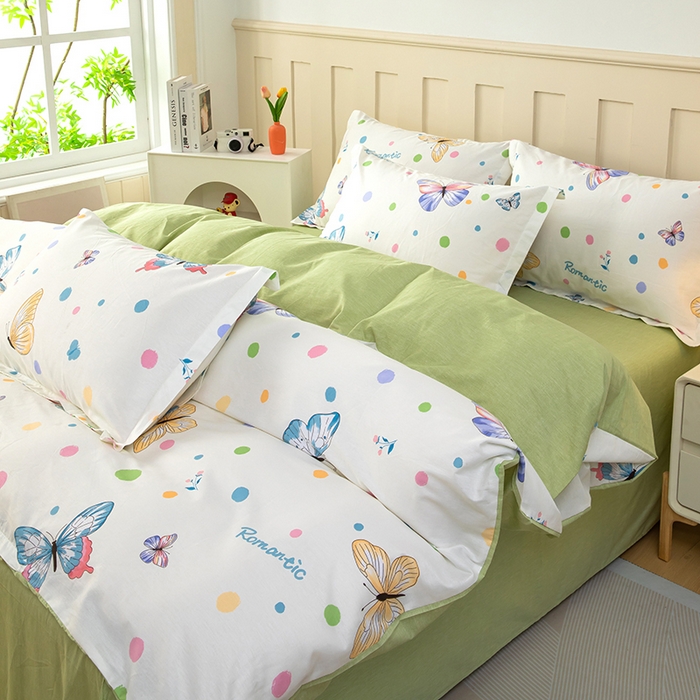 91家纺网 家纺一手货源 找家纺 新款12868全棉学生宿舍三件套卡通纯棉四件套 蝶舞-米黄