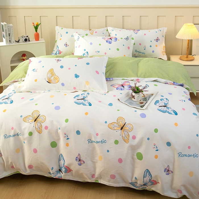 91家纺网 家纺一手货源 找家纺 新款12868全棉学生宿舍三件套卡通纯棉四件套 蝶舞-米黄