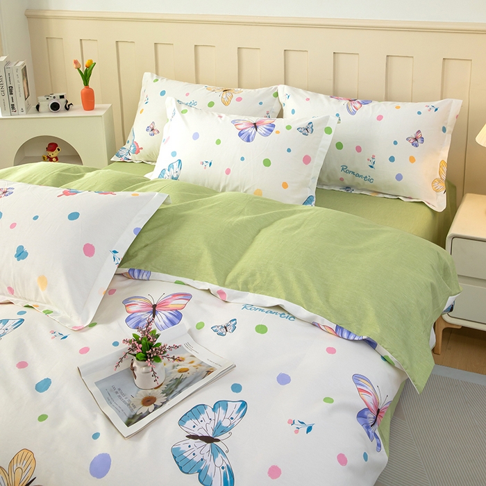 91家纺网 家纺一手货源 找家纺 新款12868全棉学生宿舍三件套卡通纯棉四件套 蝶舞-米黄