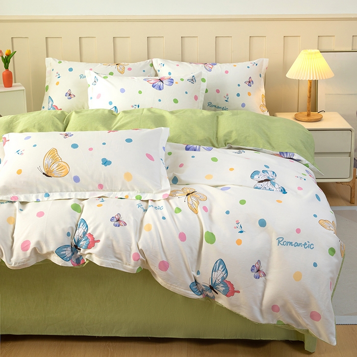 91家纺网 家纺一手货源 找家纺 新款12868全棉学生宿舍三件套卡通纯棉四件套 蝶舞-米黄