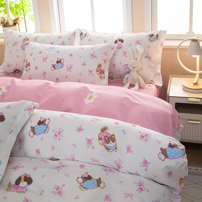 91家纺网 家纺一手货源 找家纺 新款12868全棉学生宿舍三件套卡通纯棉四件套 小奶狗