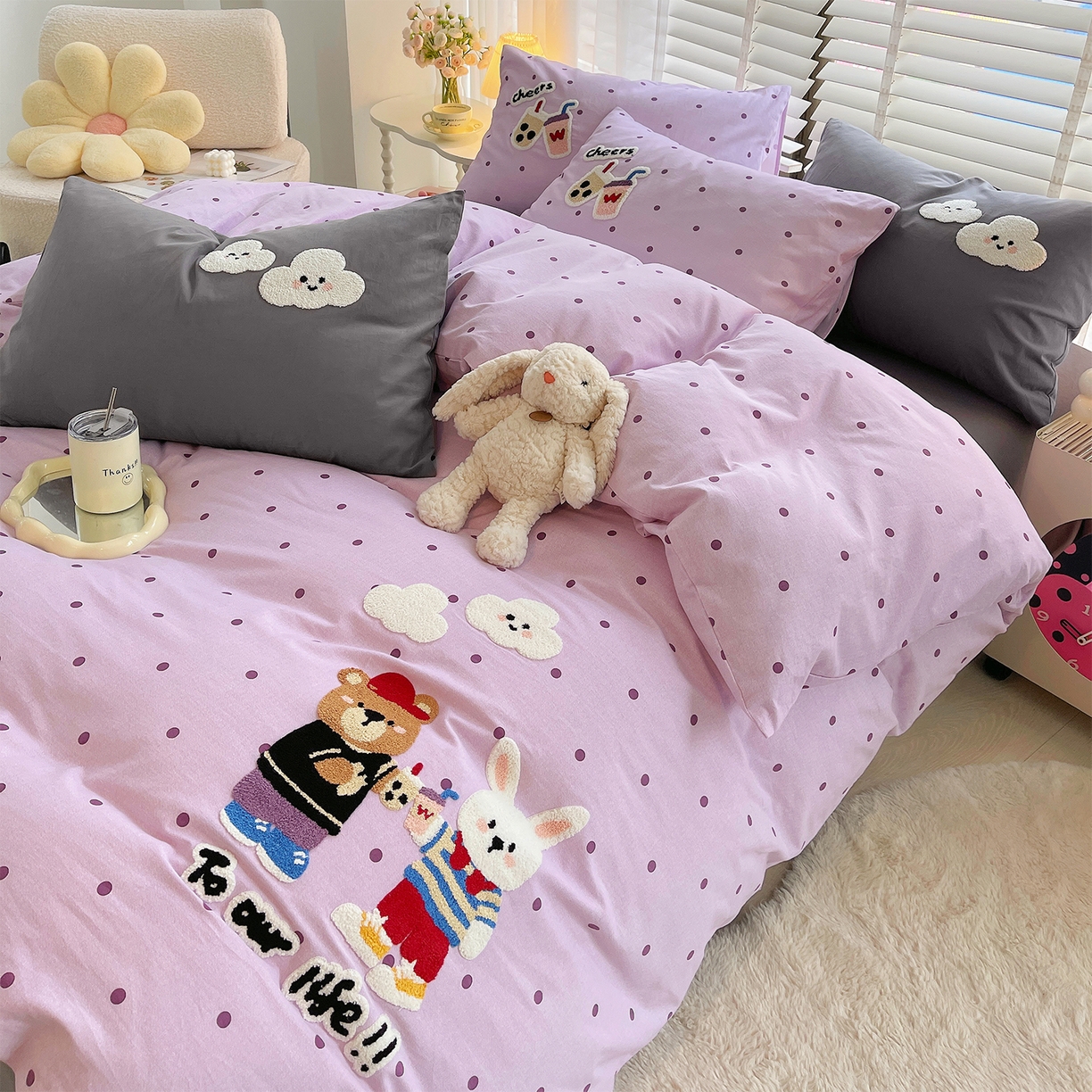 91家纺网 家纺一手货源 找家纺 炫拼家纺 2025新款全棉磨毛卡通贴布绣加厚毛巾绣纯棉四件套-曲奇系列 曲奇-好朋友