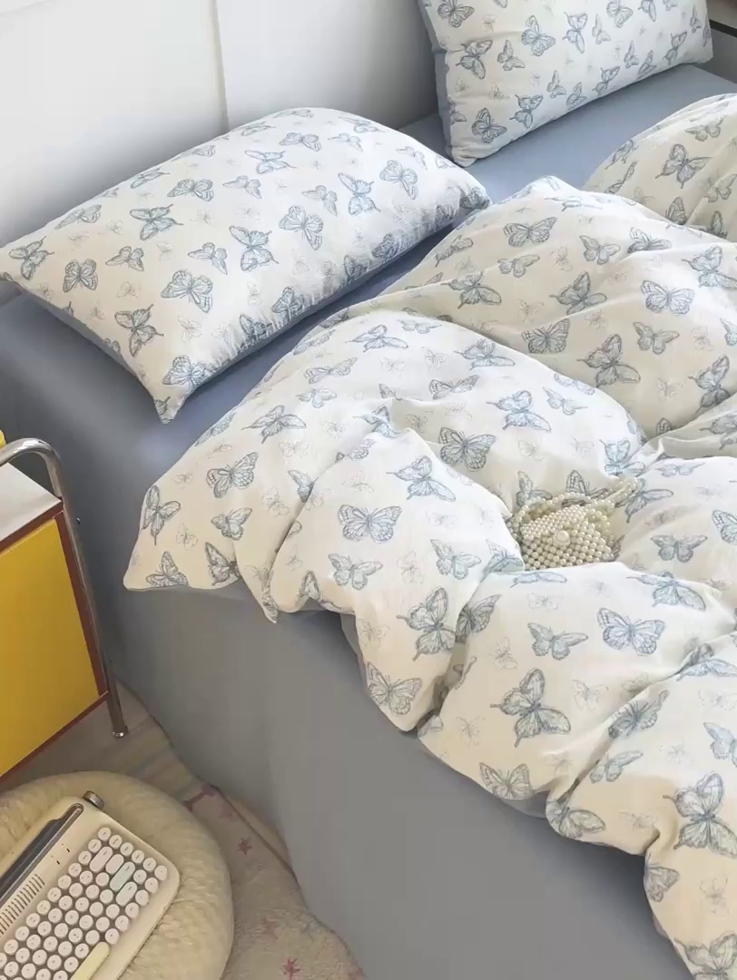 91家纺网 家纺一手货源 找家纺 王朝国际 2026新款爆款云感亚麻有氧双层纱皱皱双层纱四件套 蝶舞