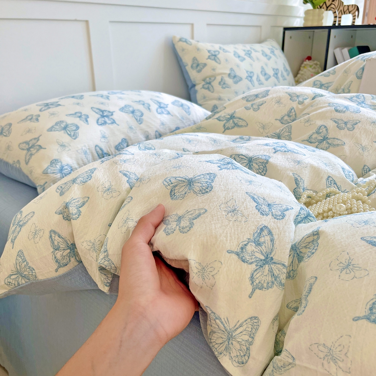 91家纺网 家纺一手货源 找家纺 王朝国际 2026新款爆款云感亚麻有氧双层纱皱皱双层纱四件套 蝶舞