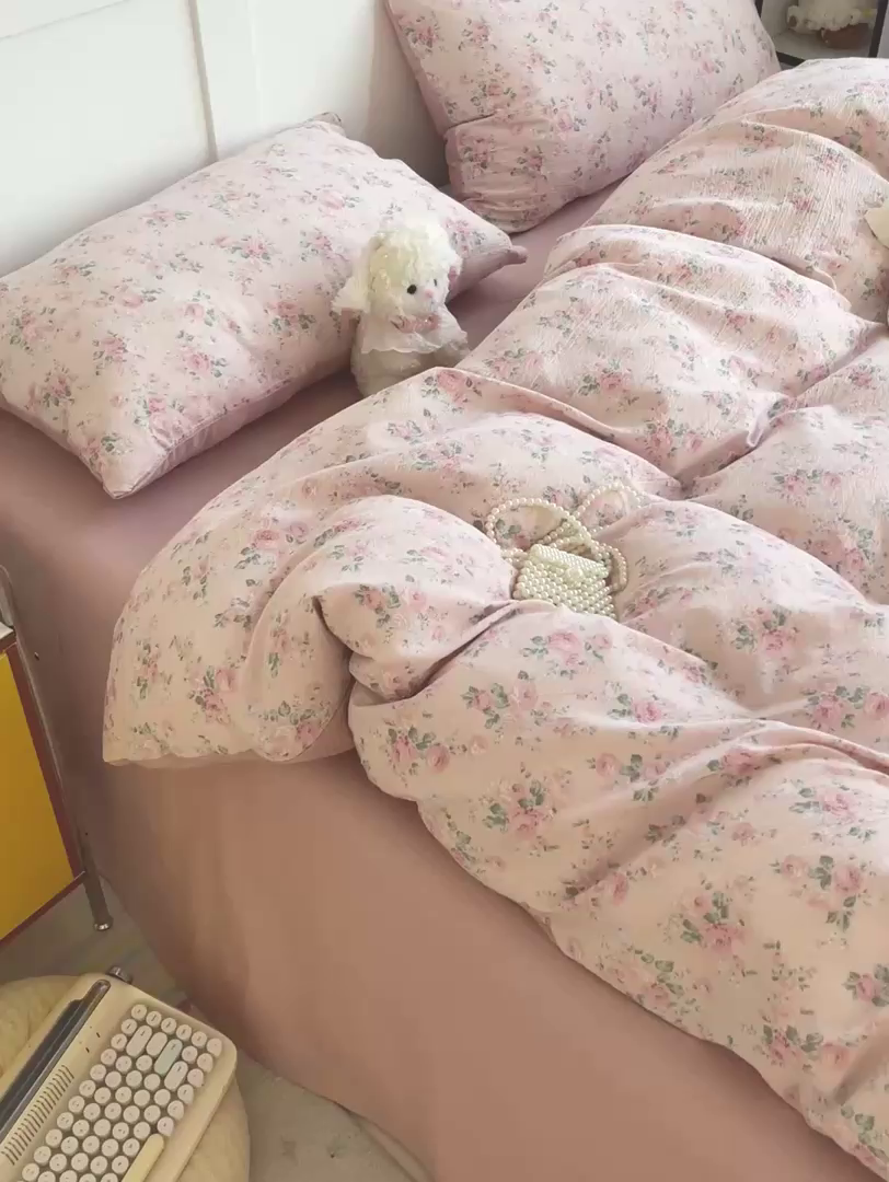 91家纺网 家纺一手货源 找家纺 王朝国际 2026新款爆款云感亚麻有氧双层纱皱皱双层纱四件套 复古蔷薇