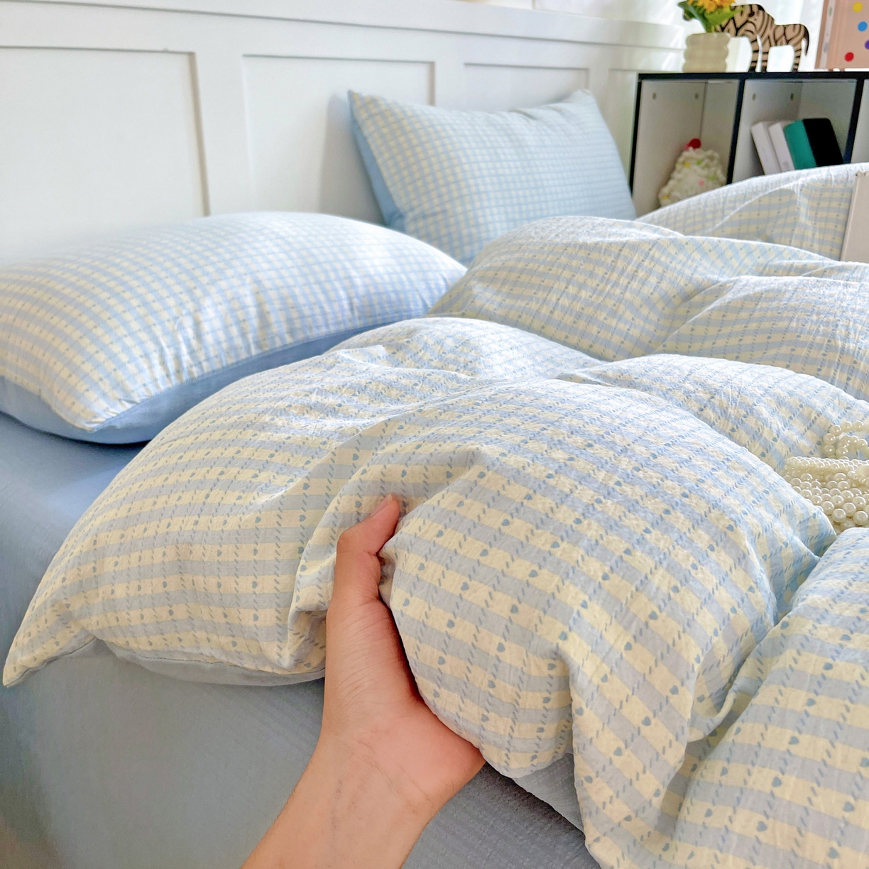 91家纺网 家纺一手货源 找家纺 王朝国际 2026新款爆款云感亚麻有氧双层纱皱皱双层纱四件套 海盐甜心