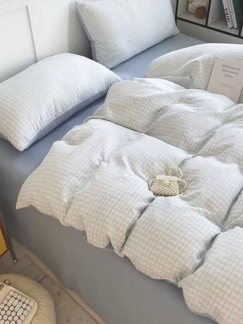 91家纺网 家纺一手货源 找家纺 王朝国际 2026新款爆款云感亚麻有氧双层纱皱皱双层纱四件套 海盐甜心