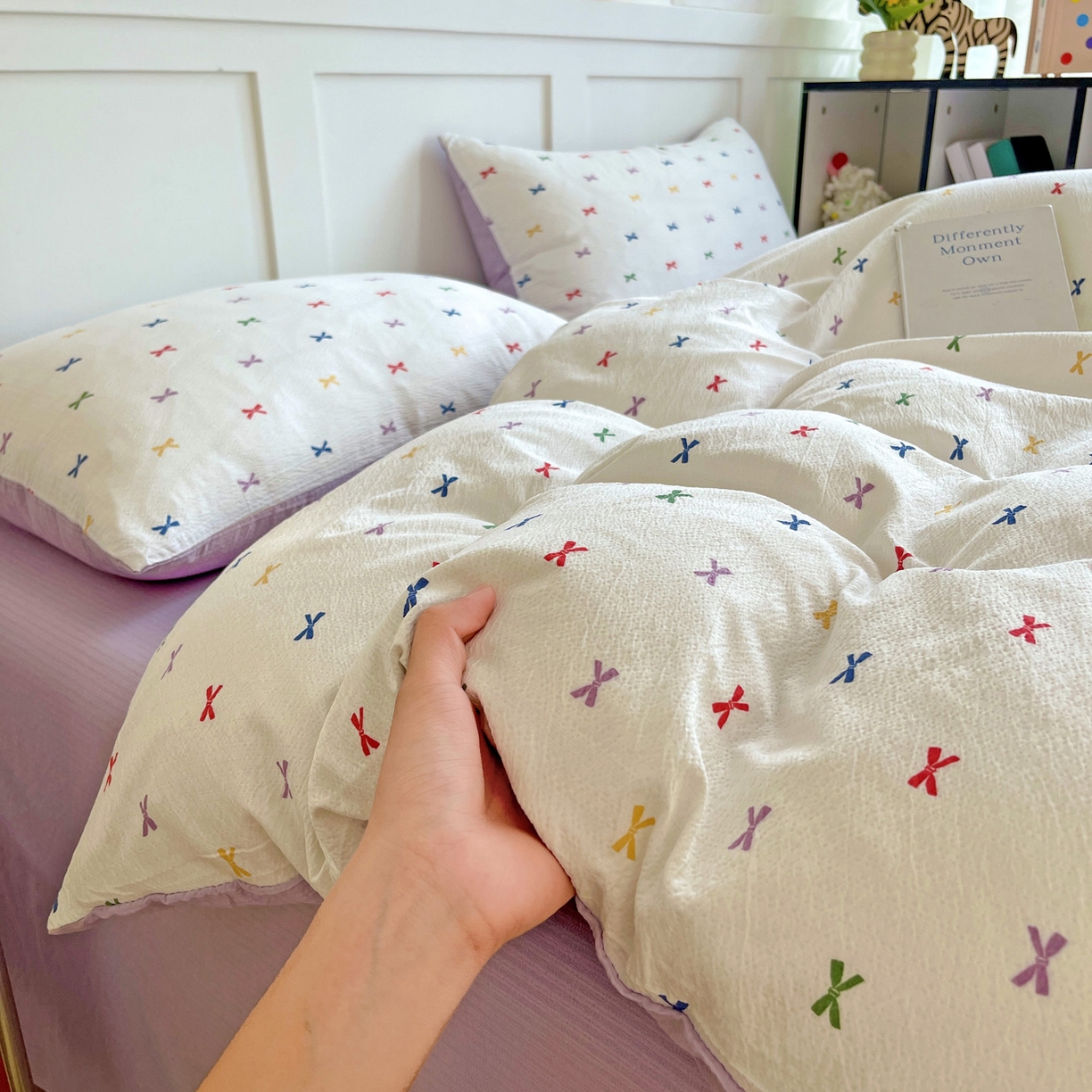 91家纺网 家纺一手货源 找家纺 王朝国际 2026新款爆款云感亚麻有氧双层纱皱皱双层纱四件套 蝴蝶结 