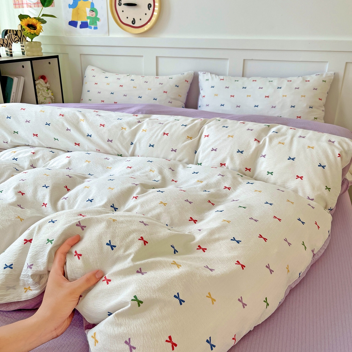 王朝国际 2026新款爆款云感亚麻有氧双层纱皱皱双层纱四件套 蝴蝶结