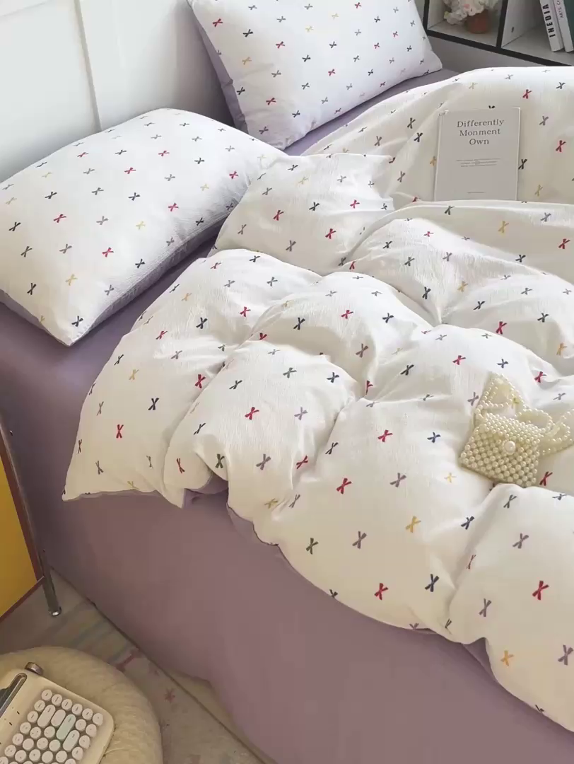 91家纺网 家纺一手货源 找家纺 王朝国际 2026新款爆款云感亚麻有氧双层纱皱皱双层纱四件套 蝴蝶结 